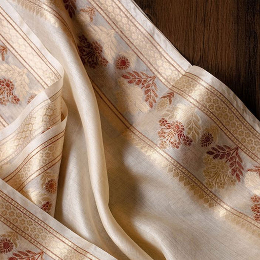 Pure Tussar Silk I Off-White & Maroon