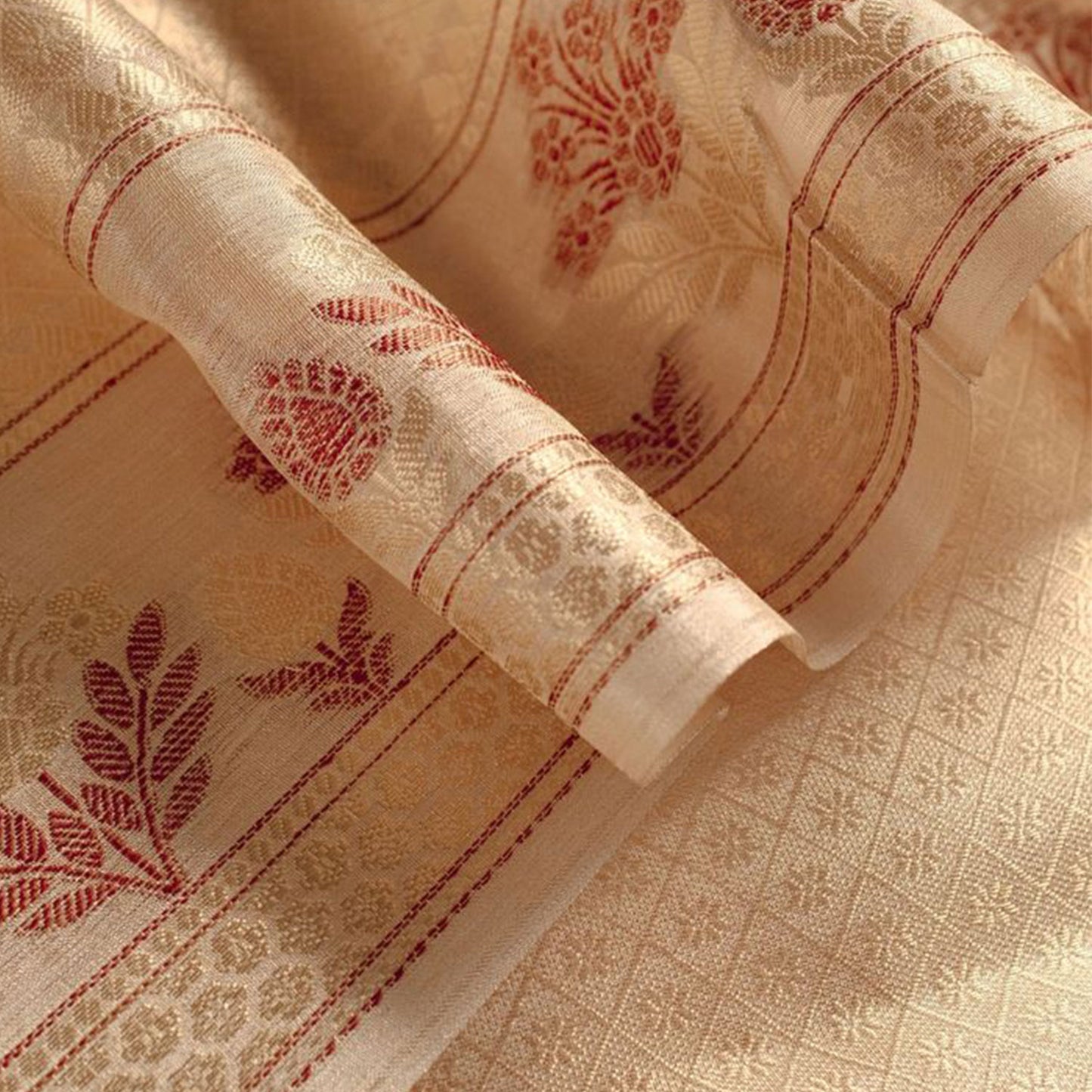 Pure Tussar Silk I Off-White & Maroon