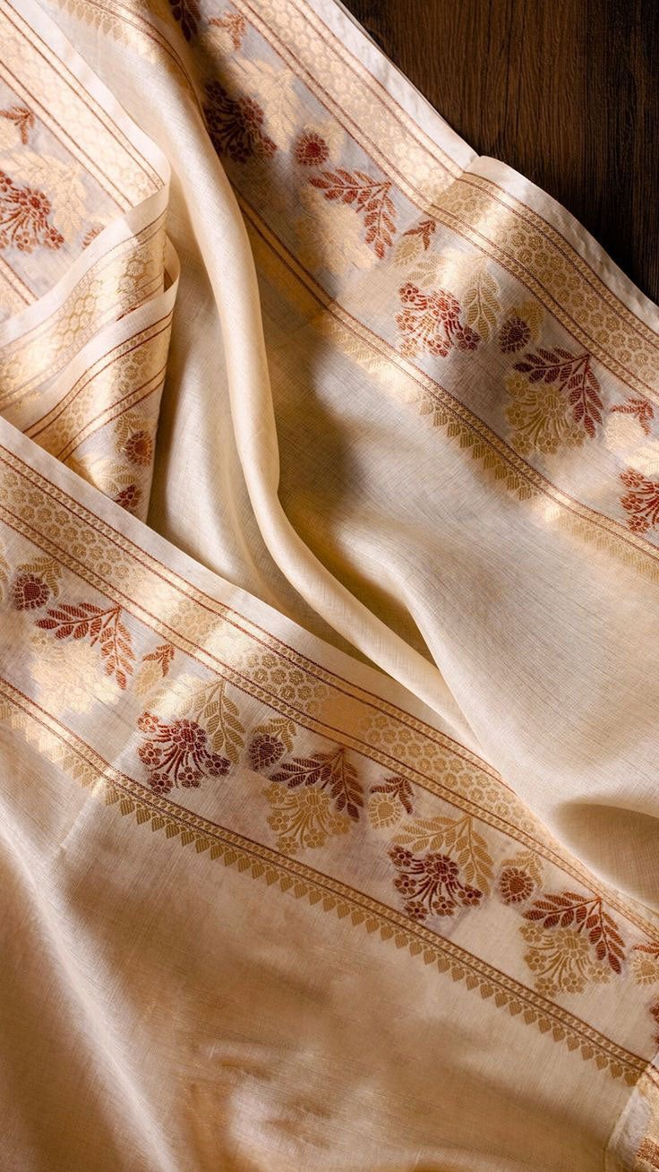 Pure Tussar Silk I Off-White & Maroon